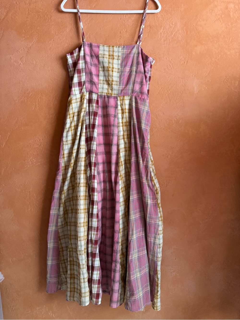 GiGi USA Patchwork Plaid Midi Dress Cottagecore Pink Tan Cotton Size L